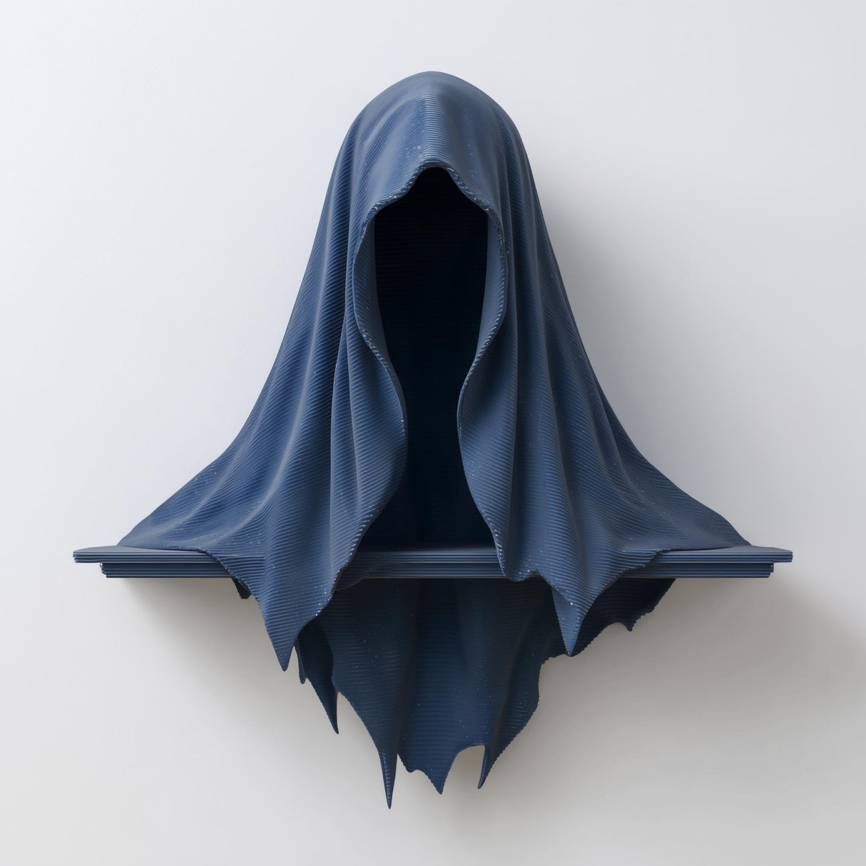 3D printed matte PLA wall shelf shaped like a hooded cloaked reaper with a straight floating ledge.
