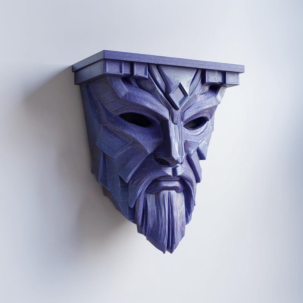 Product gallery view of 3D Printed Guardian Mask Wall Shelf.