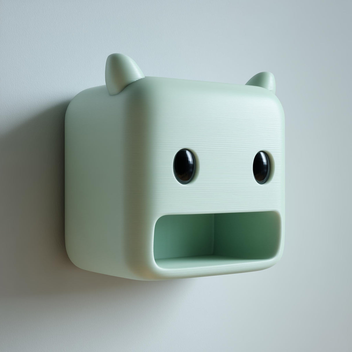 Mint green 3D printed wall-mounted storage cubby shaped like a square monster face with tiny ears.