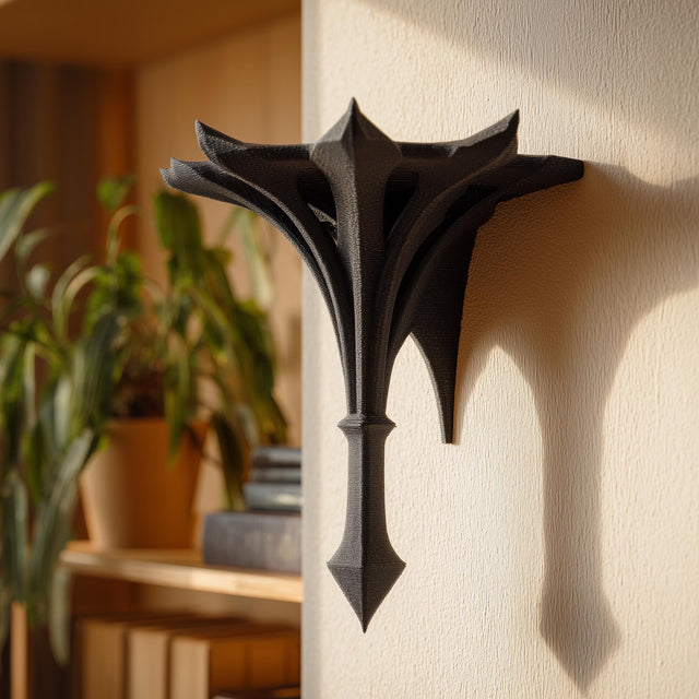 Small gothic-style 3D printed wall shelf bracket with a pointed spire shape.