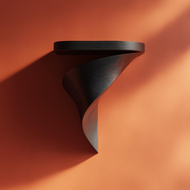 3D printed matte PLA wall-mounted shelf with a round top and elegant twisted spiral bracket, in dark black.