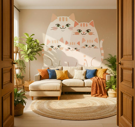 Five charming beige and cream-colored cats with rosy cheeks and green eyes sitting together.