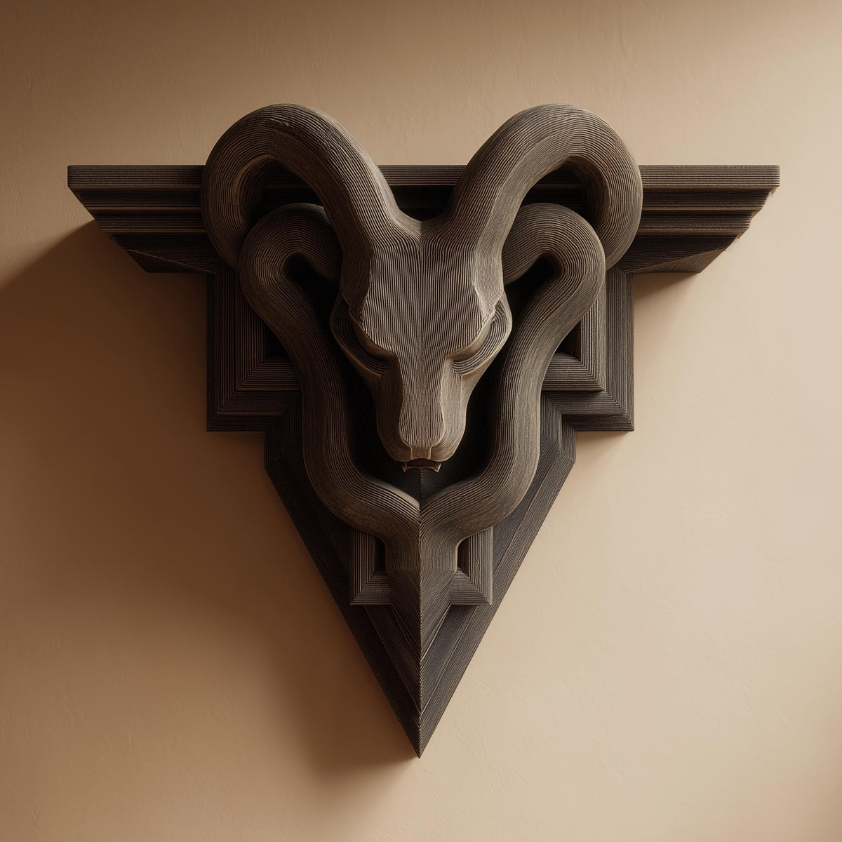 Alternate product presentation of 3D Printed Gothic Ram Head Wall Shelf.