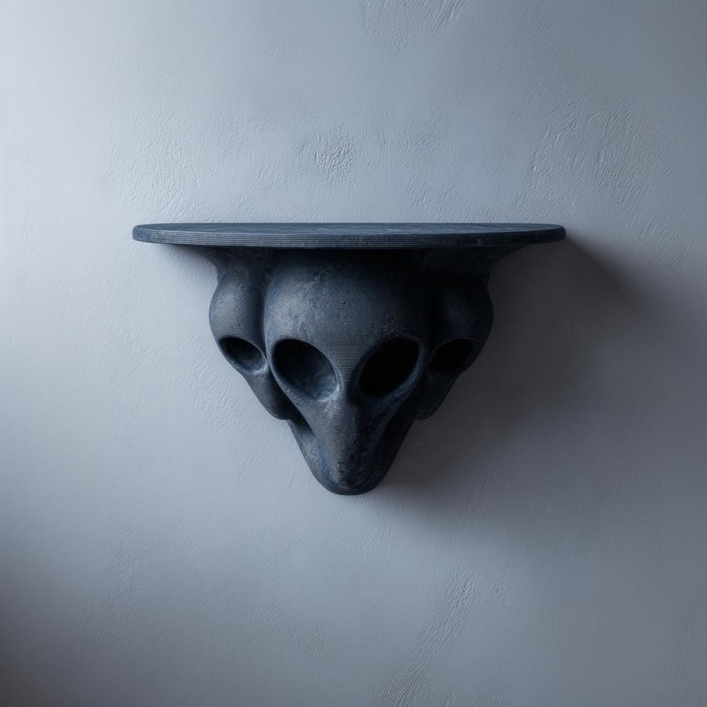 Three-figure sci-fi wall shelf displayed from another angle.