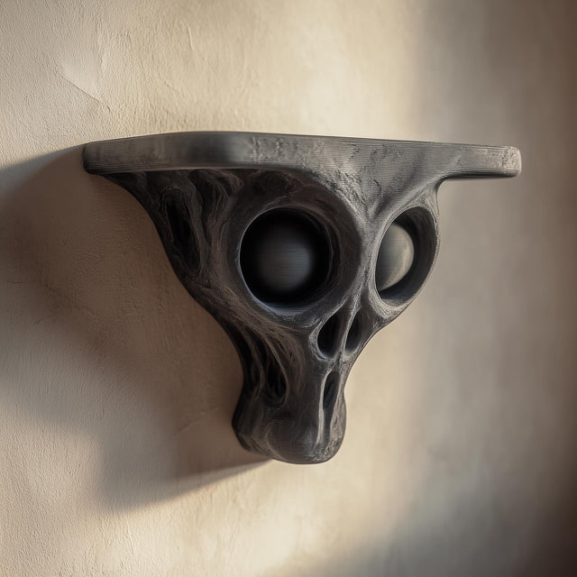 3D printed dark gray alien skull wall shelf with large hollow eye sockets and a flat floating ledge.