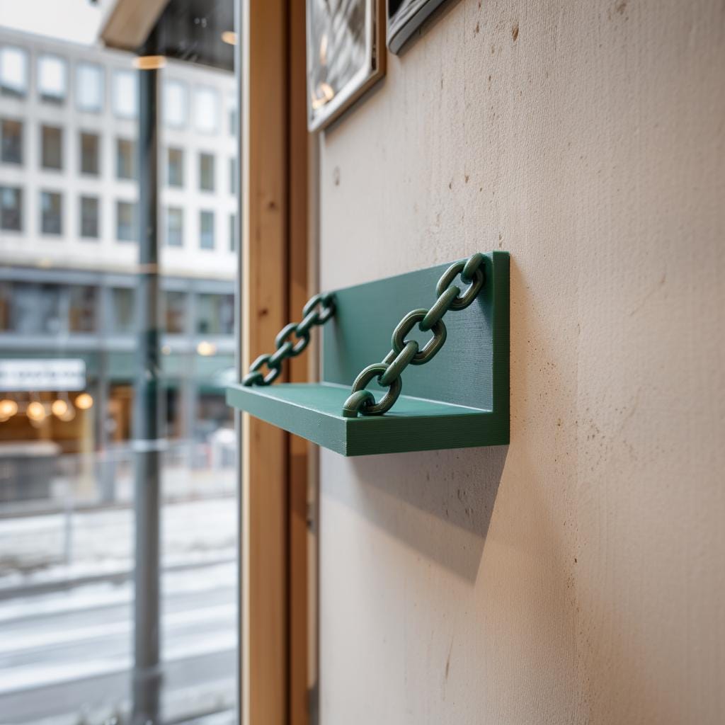 Alternate product view of 3D Printed Industrial Chain Wall Shelf.