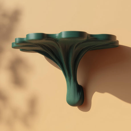 3D printed fantasy mushroom wall shelf with an organic stem base and wide cap-shaped floating ledge.