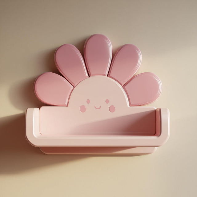 3D printed kawaii flower wall shelf with rounded petals, a smiling face, and a small floating ledge.