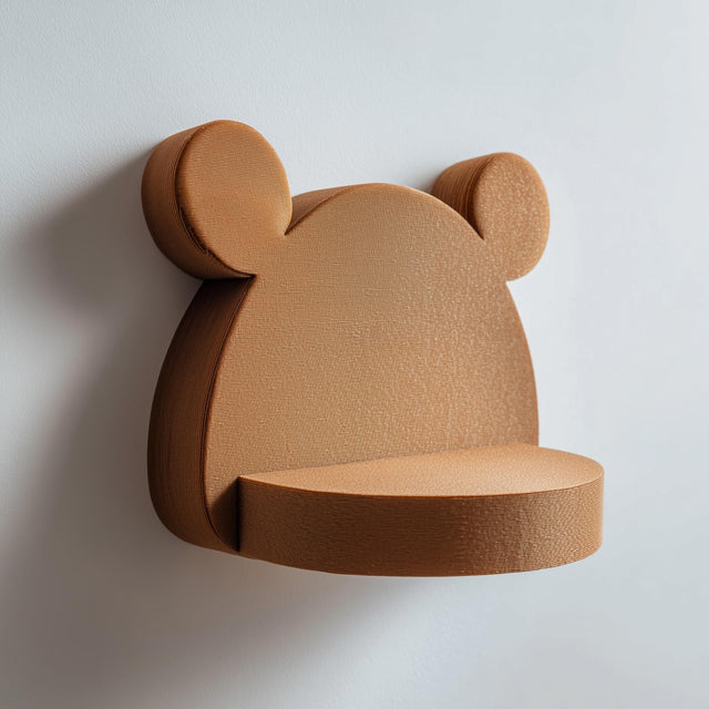 3D printed cute bear-shaped wall shelf with rounded ears and a small circular floating ledge.