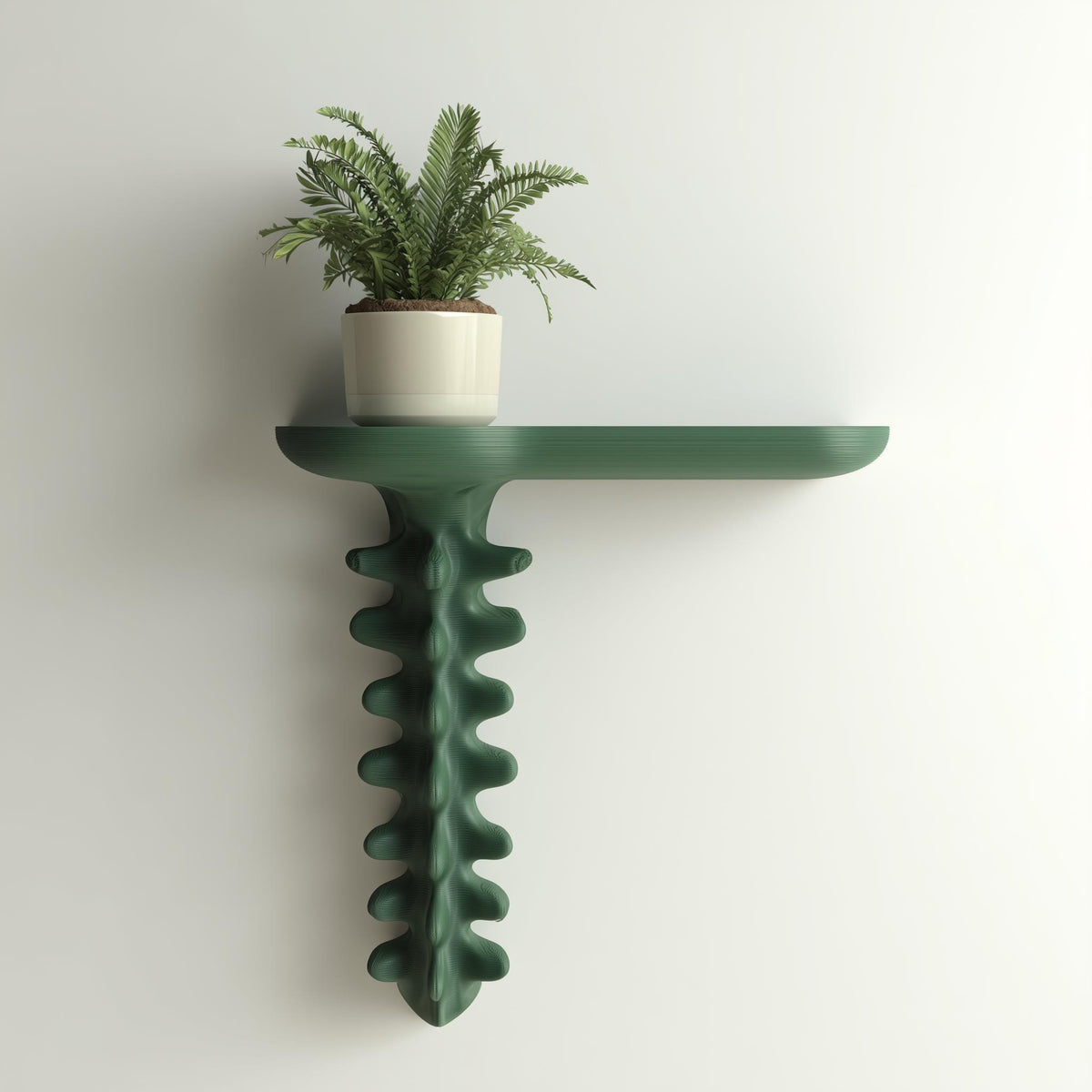 3D printed wall-mounted shelf with an organic sculptural support resembling natural growth.