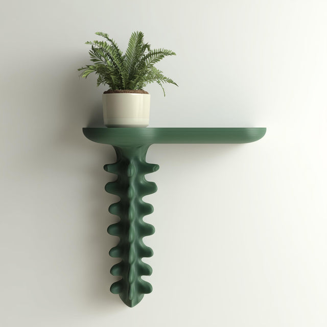 3D printed wall-mounted shelf with an organic sculptural support resembling natural growth.