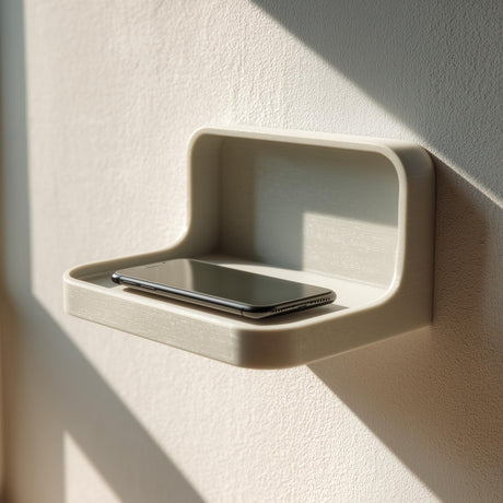 3D printed wall-mounted phone shelf with a minimalist floating design holding a smartphone.