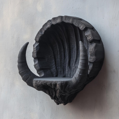 3D printed wall-mounted shelf shaped like a dark fantasy horned crescent.