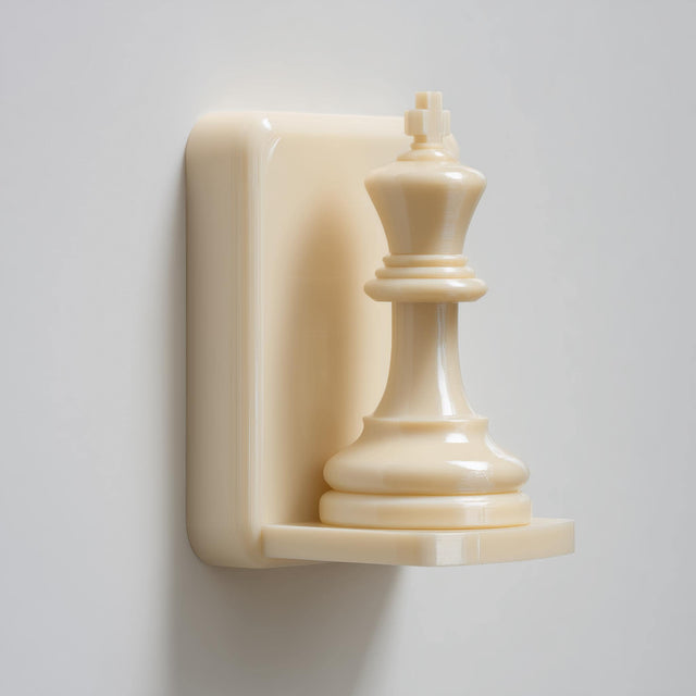 3D printed wall-mounted shelf designed as a chess king piece standing on a compact floating ledge.