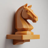 3D printed wall-mounted shelf featuring a chess knight horse head rising from a compact floating ledge.