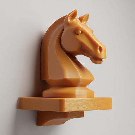 3D printed wall-mounted shelf featuring a chess knight horse head rising from a compact floating ledge.