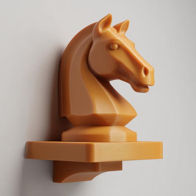 3D printed wall-mounted shelf featuring a chess knight horse head rising from a compact floating ledge.