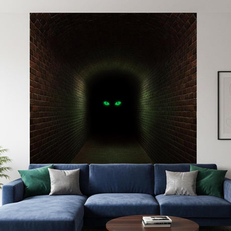 Dark brick hallway wall decal with green eyes and a deep corridor illusion
