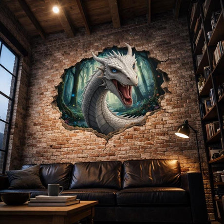 White dragon head wall decal looking through an enchanted forest portal