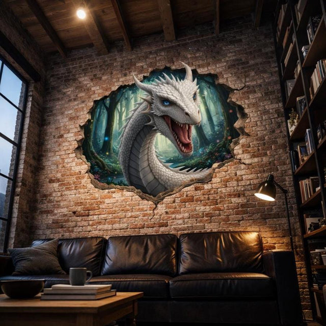 White dragon head wall decal looking through an enchanted forest portal