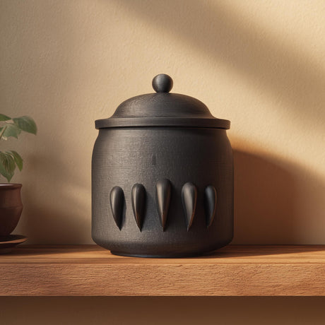 3D printed Fang Motif pet memorial urn with smooth body and sculpted fang accents