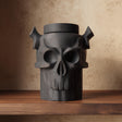 3D printed gothic skull pet memorial urn with horn-like details and removable lid