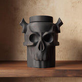 3D printed gothic skull pet memorial urn with horn-like details and removable lid