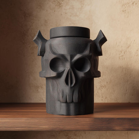3D printed gothic skull pet memorial urn with horn-like details and removable lid