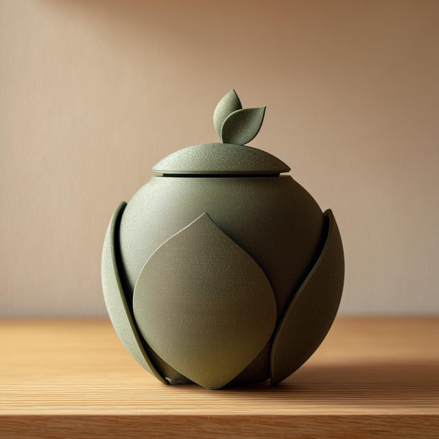3D printed pet cremation urn with layered leaf-shaped panels and a small leaf lid handle.