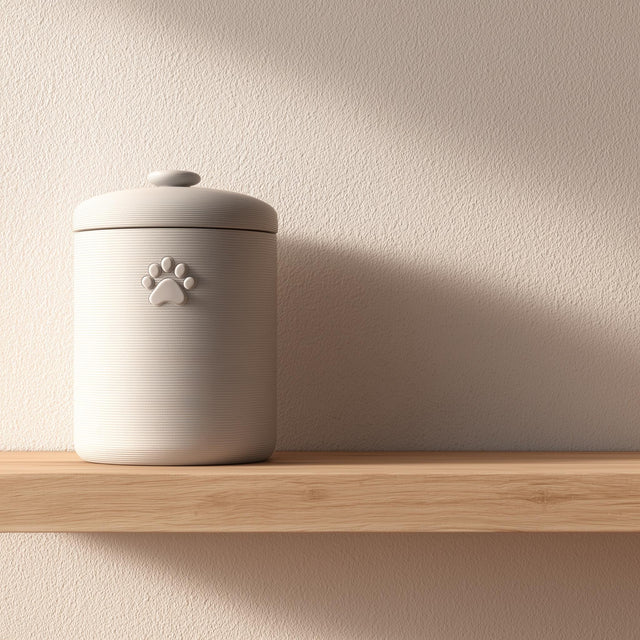 Minimalist 3D printed pet cremation urn with subtle paw print detail.