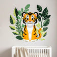 A modern illustration of a cute baby tiger with orange and black stripes sitting on a light grey background.