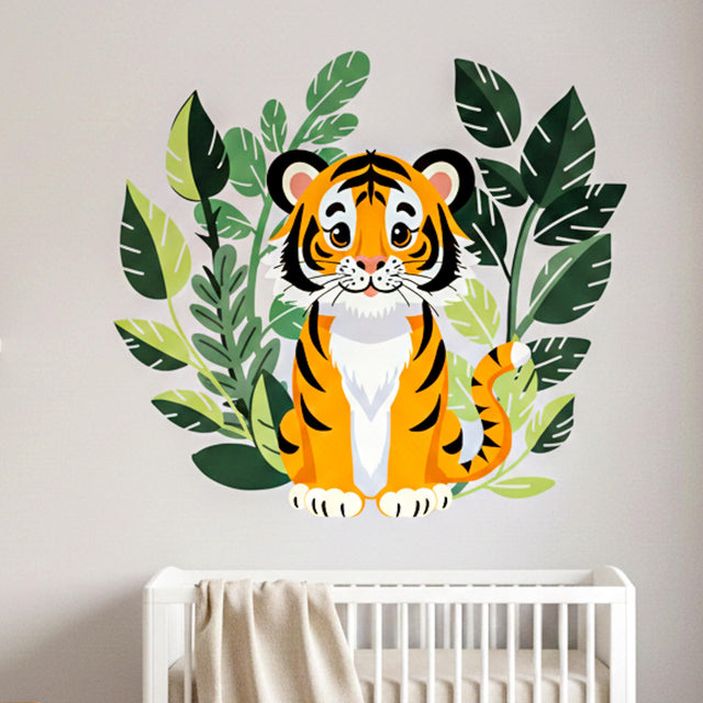 A modern illustration of a cute baby tiger with orange and black stripes sitting on a light grey background.