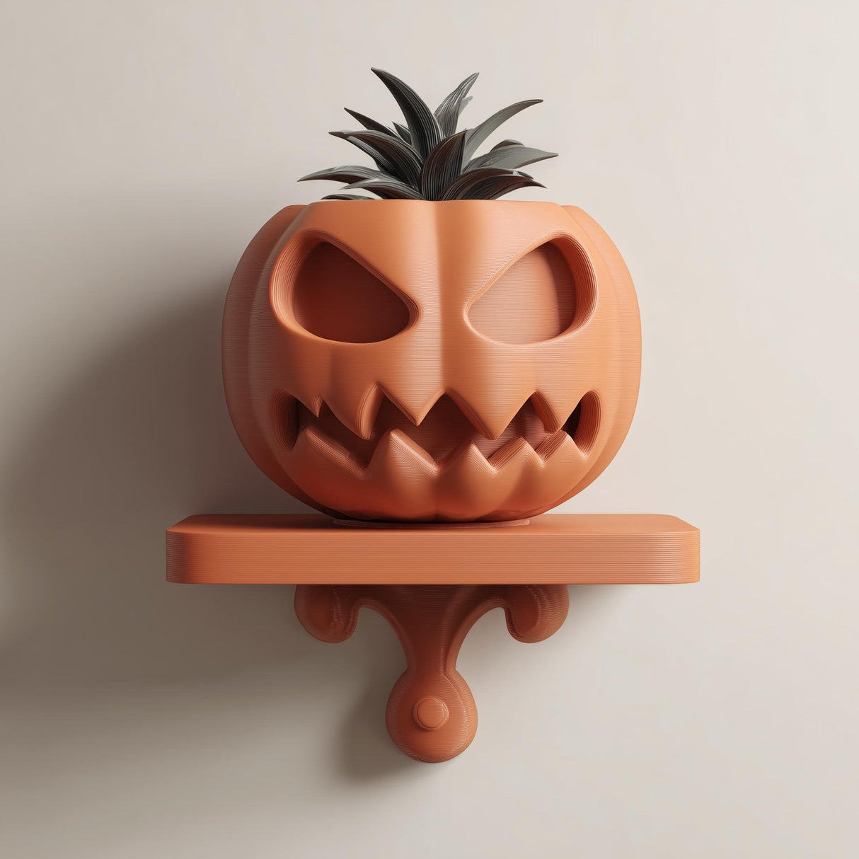 3D printed ribbed character wall shelf displayed with a separate small plant pot.