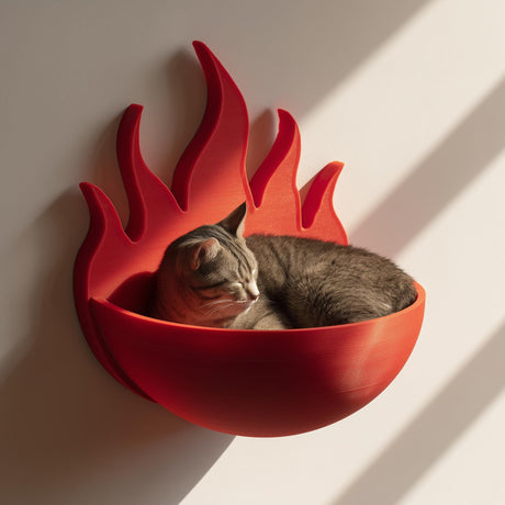 3D printed wall mounted cat shelf bed shaped like stylized flames.