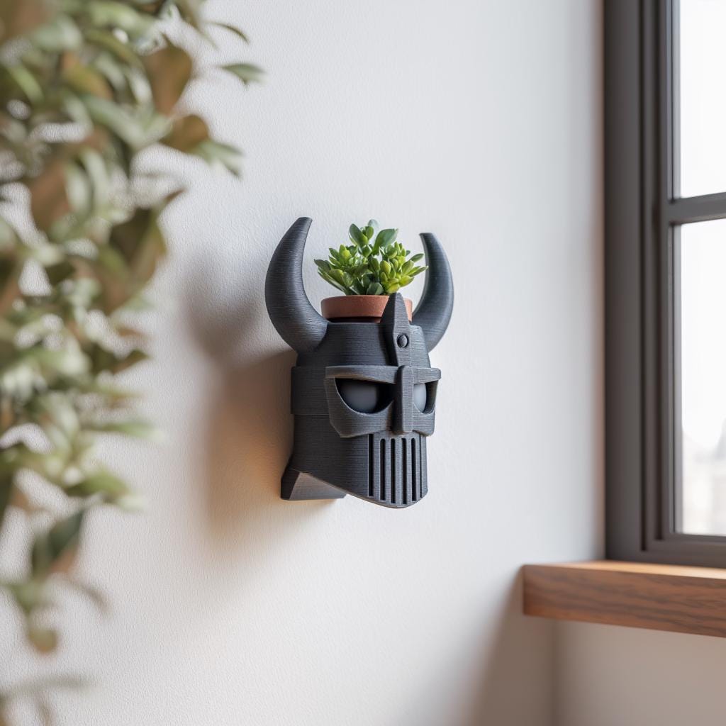 Alternate product view of 3D Printed Viking Helmet Wall Planter.