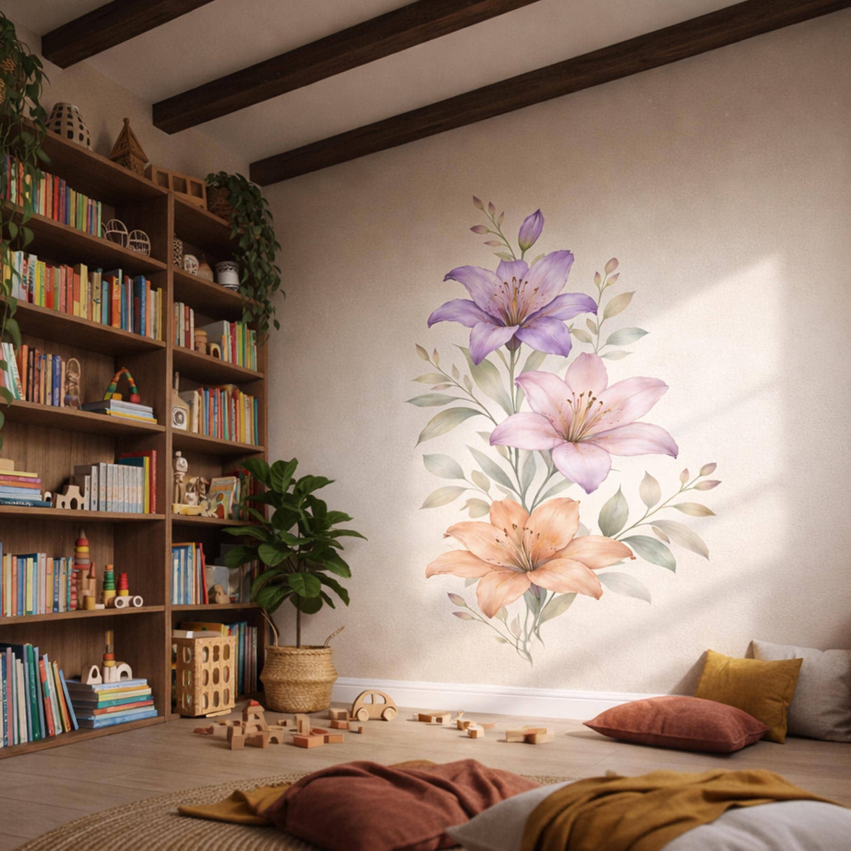 Watercolor Lily Wall Decal displayed in a room setting.