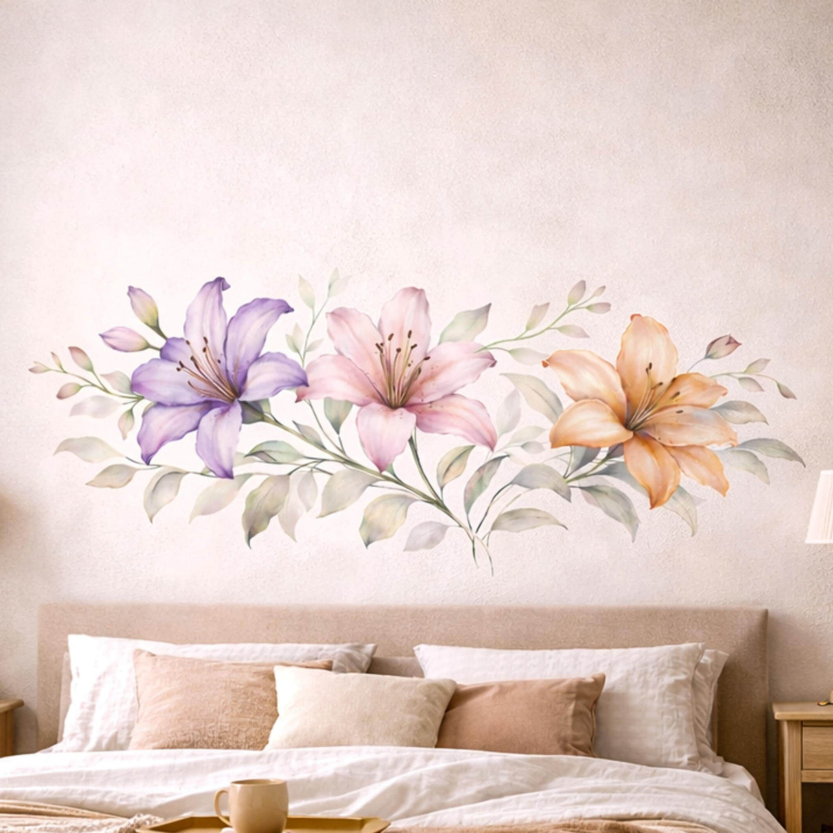 A horizontal watercolor illustration of three lilies in a row on a white background.