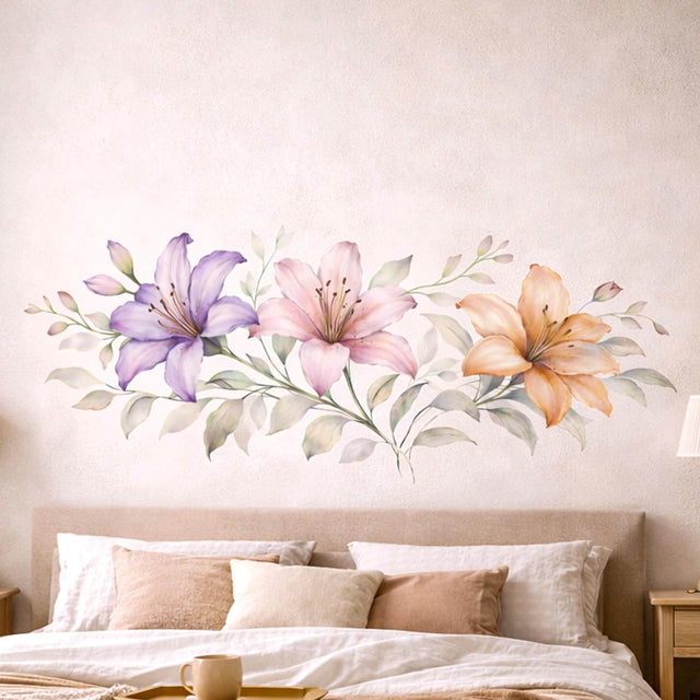 A horizontal watercolor illustration of three lilies in a row on a white background.