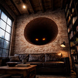 Circular brick tunnel wall decal with orange eyes and a deep-hole illusion