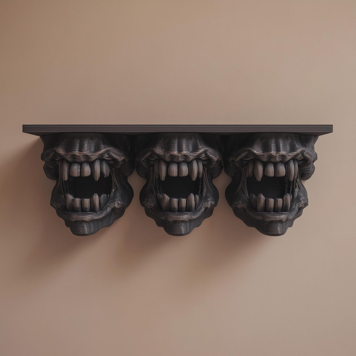 3D printed dark monster wall shelf with three snarling creature heads featuring open mouths and sharp teeth.