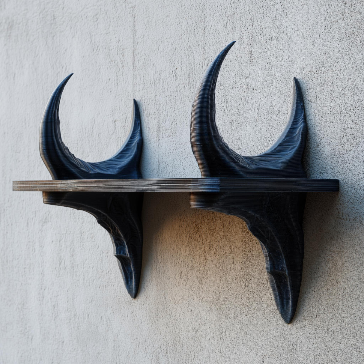 3D printed dark fantasy wall shelf supported by two curved dragon horn sculptures.