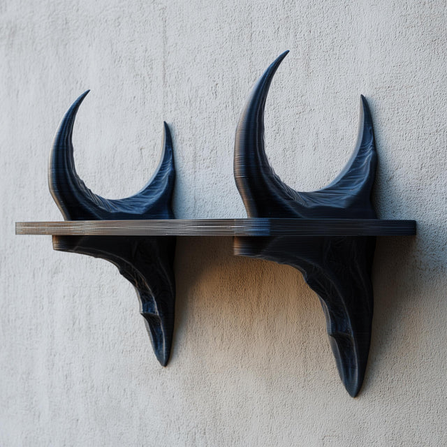 3D printed dark fantasy wall shelf supported by two curved dragon horn sculptures.
