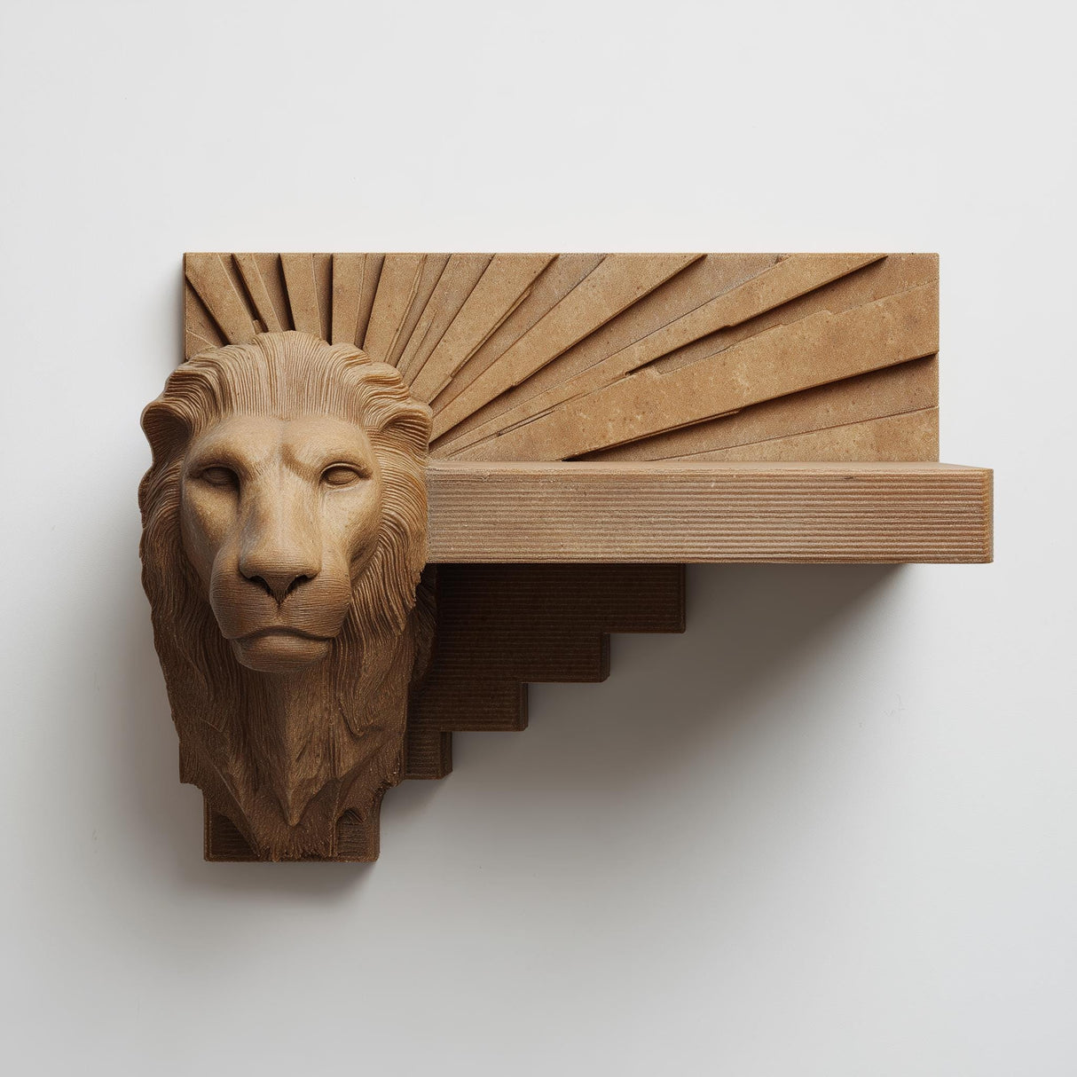 3D printed lion head wall shelf with Art Deco sunburst backplate and stepped geometric floating ledge.