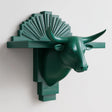 3D printed bull head wall shelf with long horns and an art deco fan-shaped backplate.