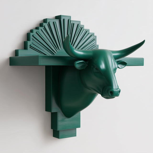 3D printed bull head wall shelf with long horns and an art deco fan-shaped backplate.