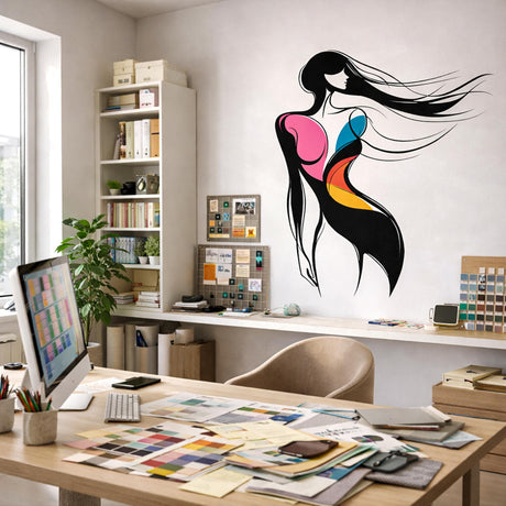 A minimalist abstract illustration of a woman in profile on a white background.