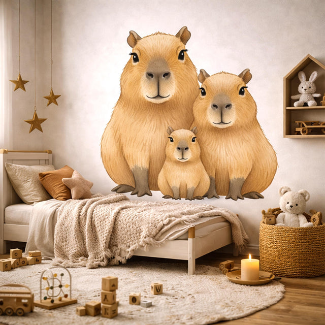 A watercolor illustration of three capybaras (two adults and one small baby) sitting together on a white background.
