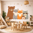 A flat-style "Kawaii" illustration of five smiling woodland animals sitting side-by-side on a white background.