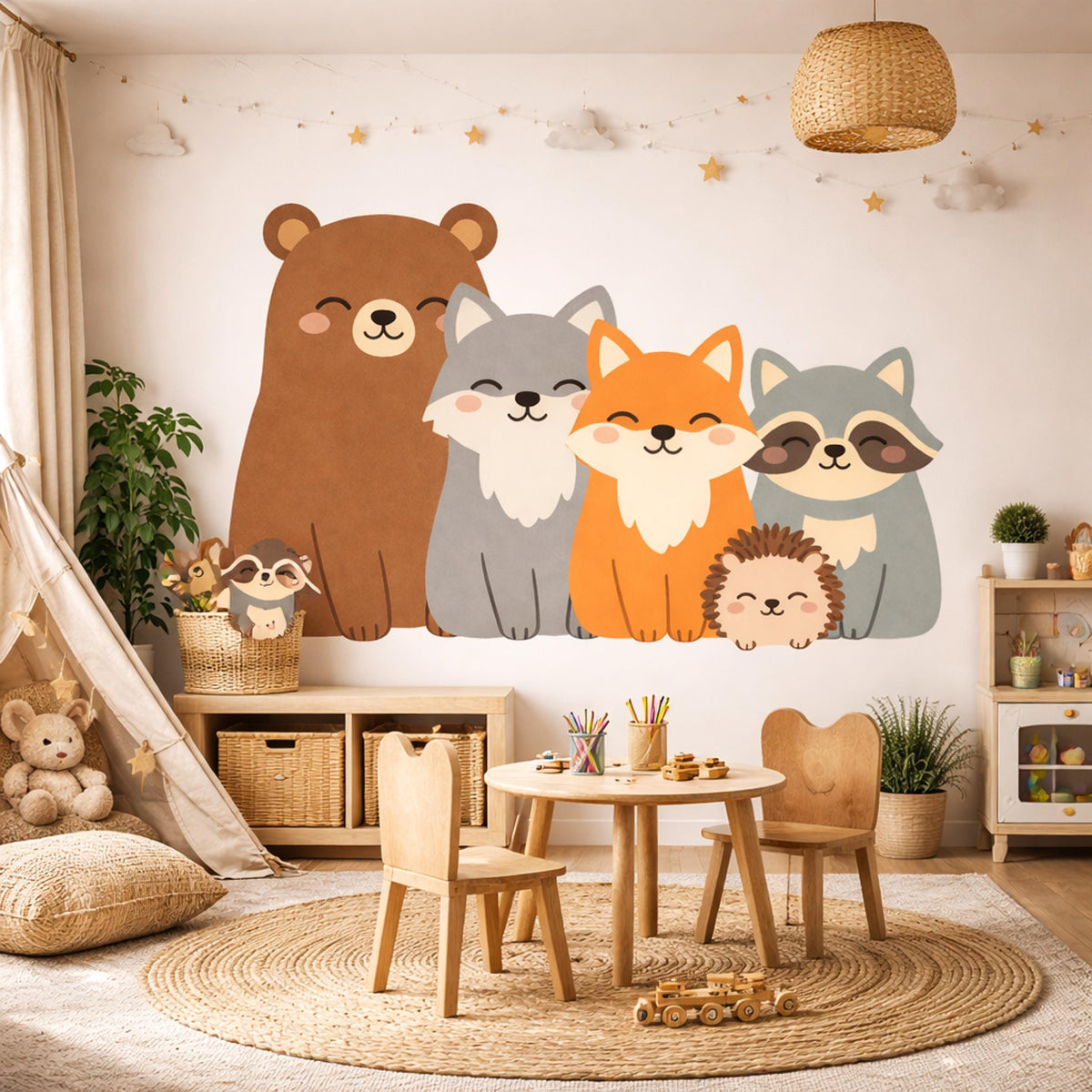 A flat-style "Kawaii" illustration of five smiling woodland animals sitting side-by-side on a white background.