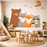 A flat-style "Kawaii" illustration of five smiling woodland animals sitting side-by-side on a white background.